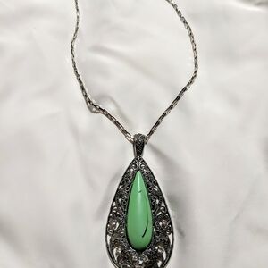 Vintage Silver Toned Large Green Pendant Necklace